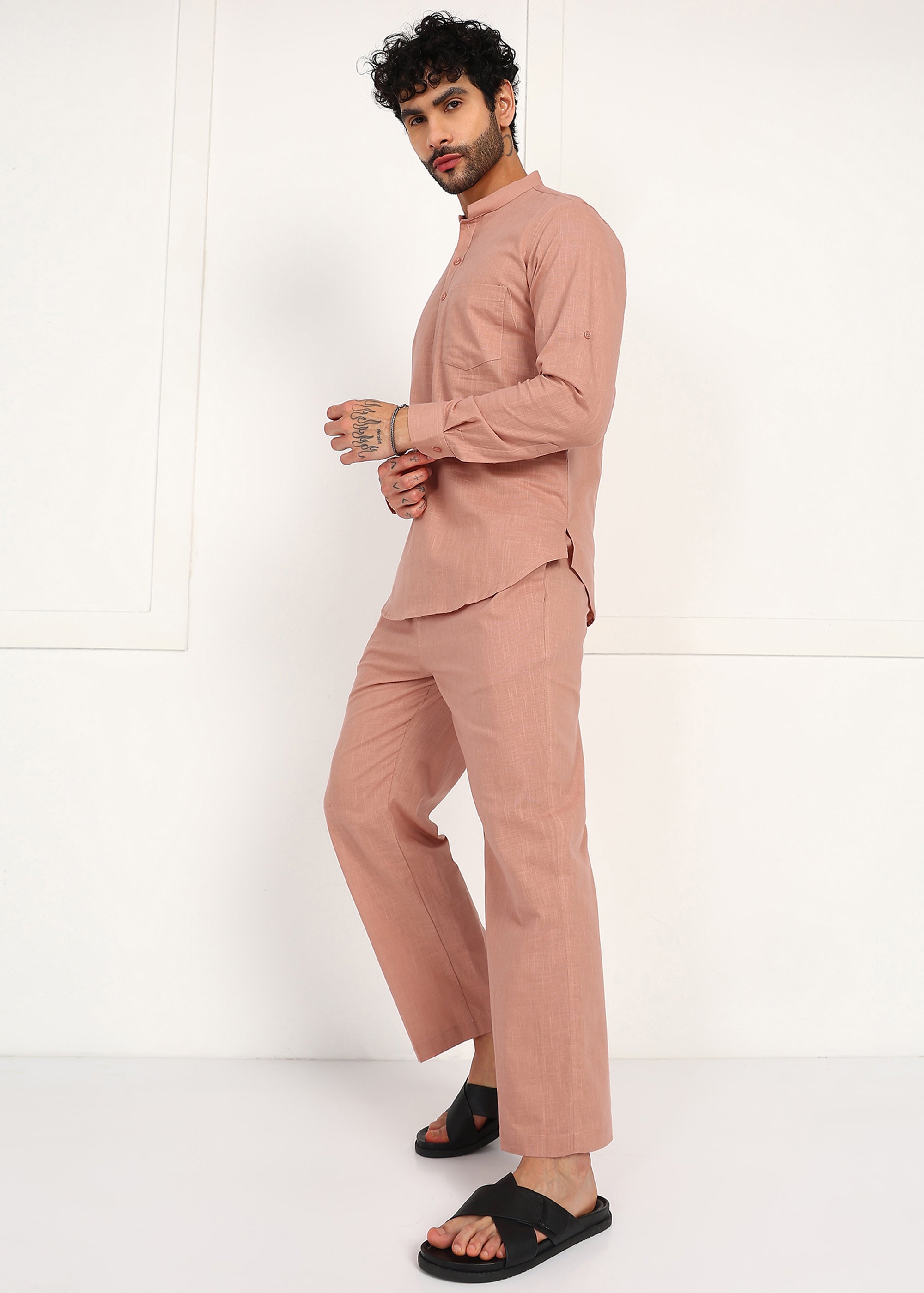 Fabmade Men’S Peach Linen Short Kurta Set