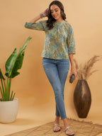 InWeave Women's Dull Green Leaf Floral Print Top