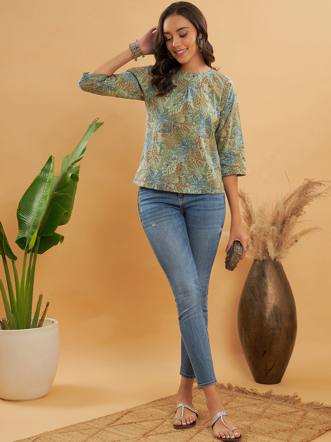 InWeave Women's Dull Green Leaf Floral Print Top