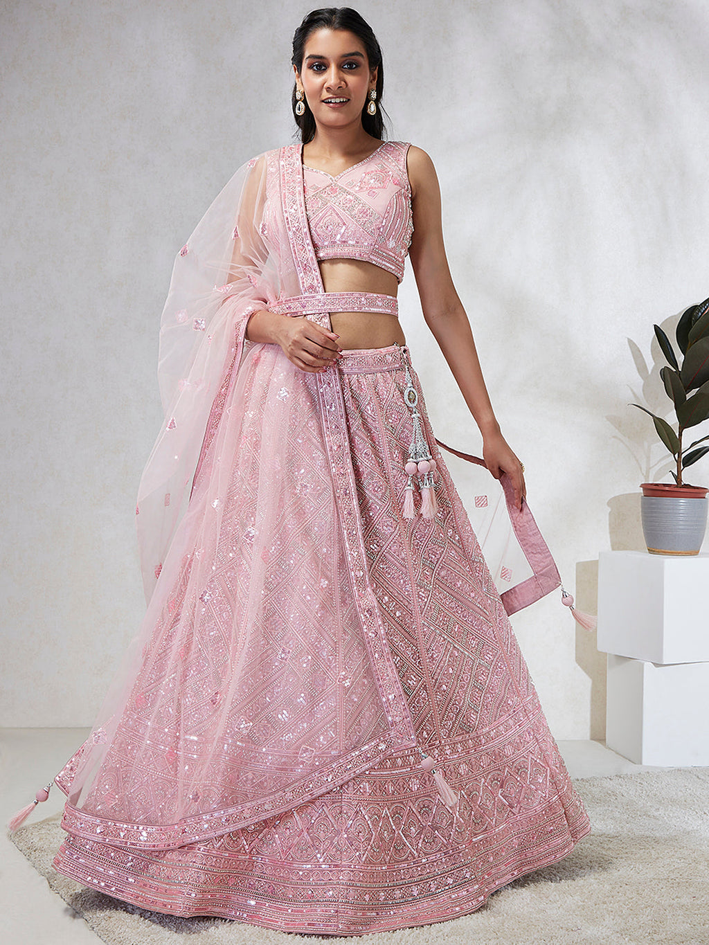 House of Panchhi Pink Net Cutdana, Sequins And Zarkan Embroidery Lehenga Choli & Dupatta