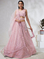 House of Panchhi Pink Net Cutdana, Sequins And Zarkan Embroidery Lehenga Choli & Dupatta