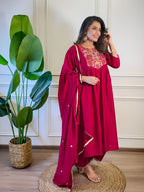 The52 Women's Gorgeous Vichitra Silk Embroidery Flared Kurta with Palazzo And Dupatta Set - Distacart