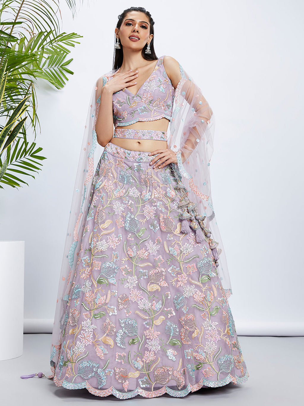 House of Panchhi Pink Chiffon Sequins And Thread Embroidery Lehenga Choli & Printed Dupatta