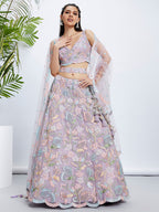 House of Panchhi Pink Chiffon Sequins And Thread Embroidery Lehenga Choli & Printed Dupatta