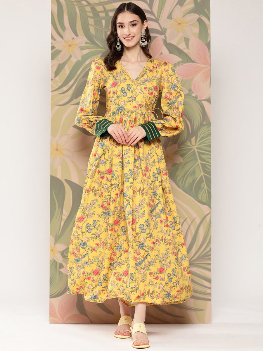 Ahalyaa Floral Printed Tie-Ups Crepe Empire Ethnic Dress - Distacart