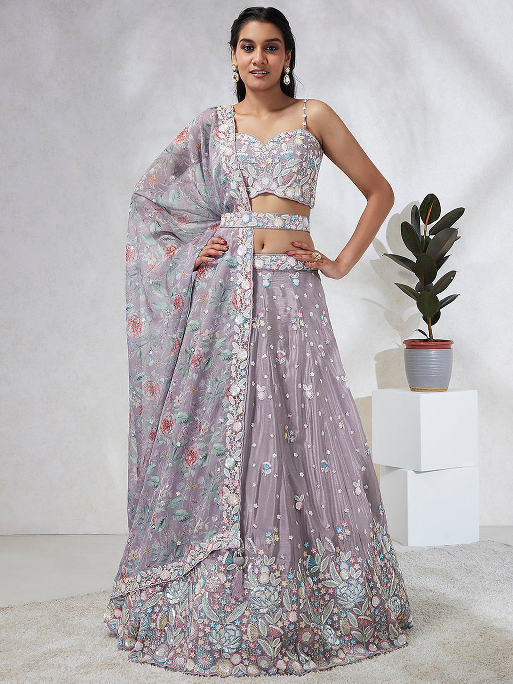 House of Panchhi Mauve Chiffon Sequins And Thread Embroidery Lehenga Choli & Dupatta