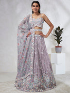 House of Panchhi Mauve Chiffon Sequins And Thread Embroidery Lehenga Choli & Dupatta