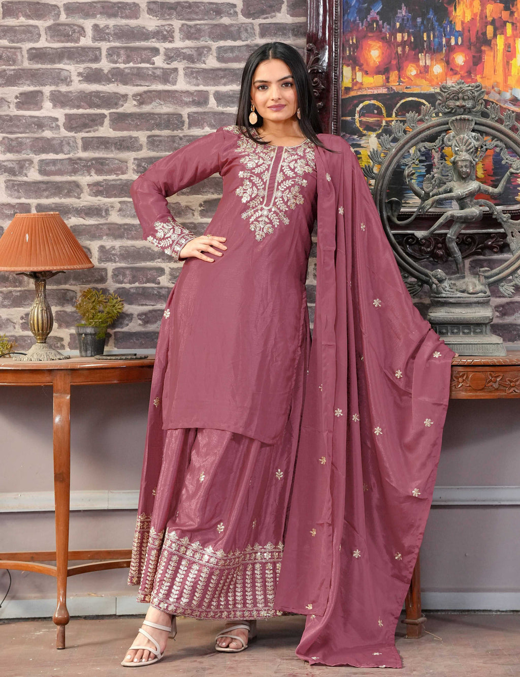 Yash Enterprise Floral Embroidered Chinon Silk Pink Readymade Salwar Suit - Distacart