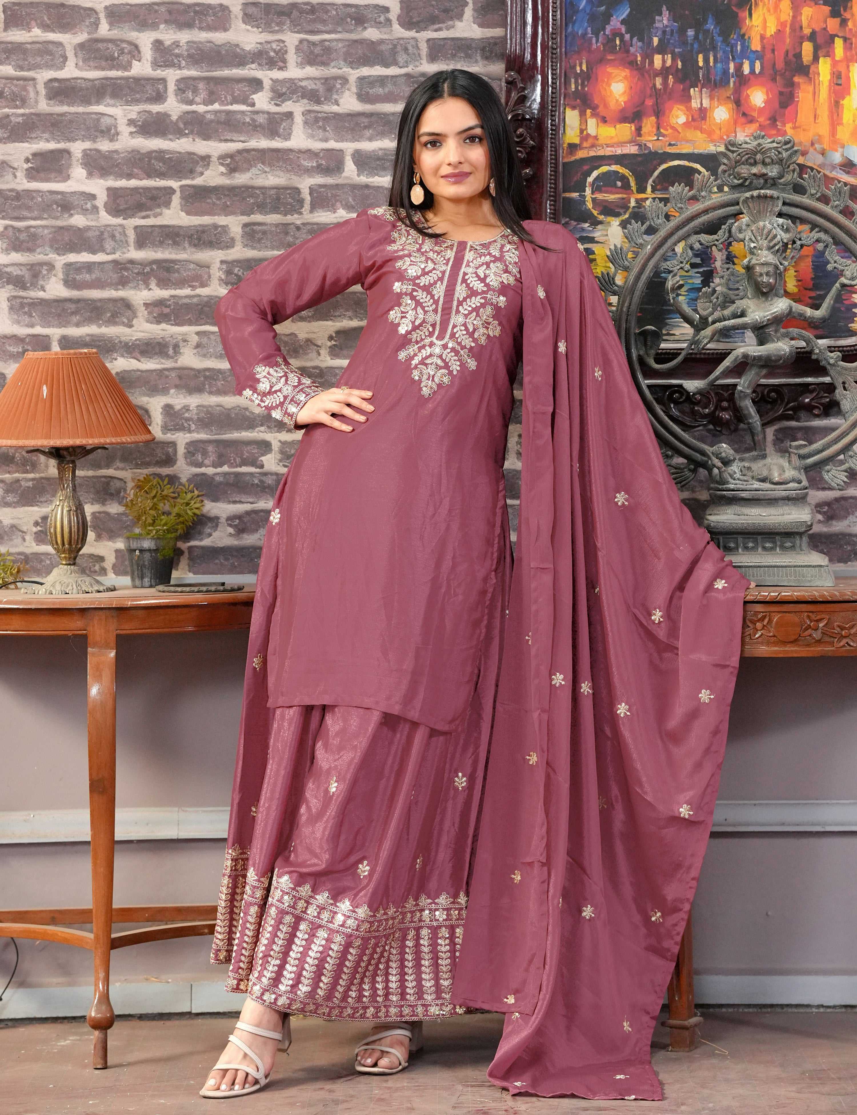 Yash Enterprise Floral Embroidered Chinon Silk Pink Readymade Salwar Suit - Distacart