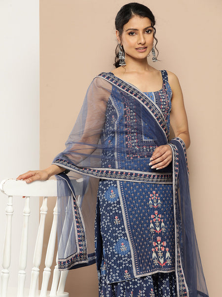 KSUT (House of Varanga) Blue Color Strap Style Digital Printed Kurta With Printed Sharara And Net Dupatta
