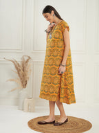 InWeave Women's Haldi Yellow Mughal Kalamkari A Line Dress - Distacart