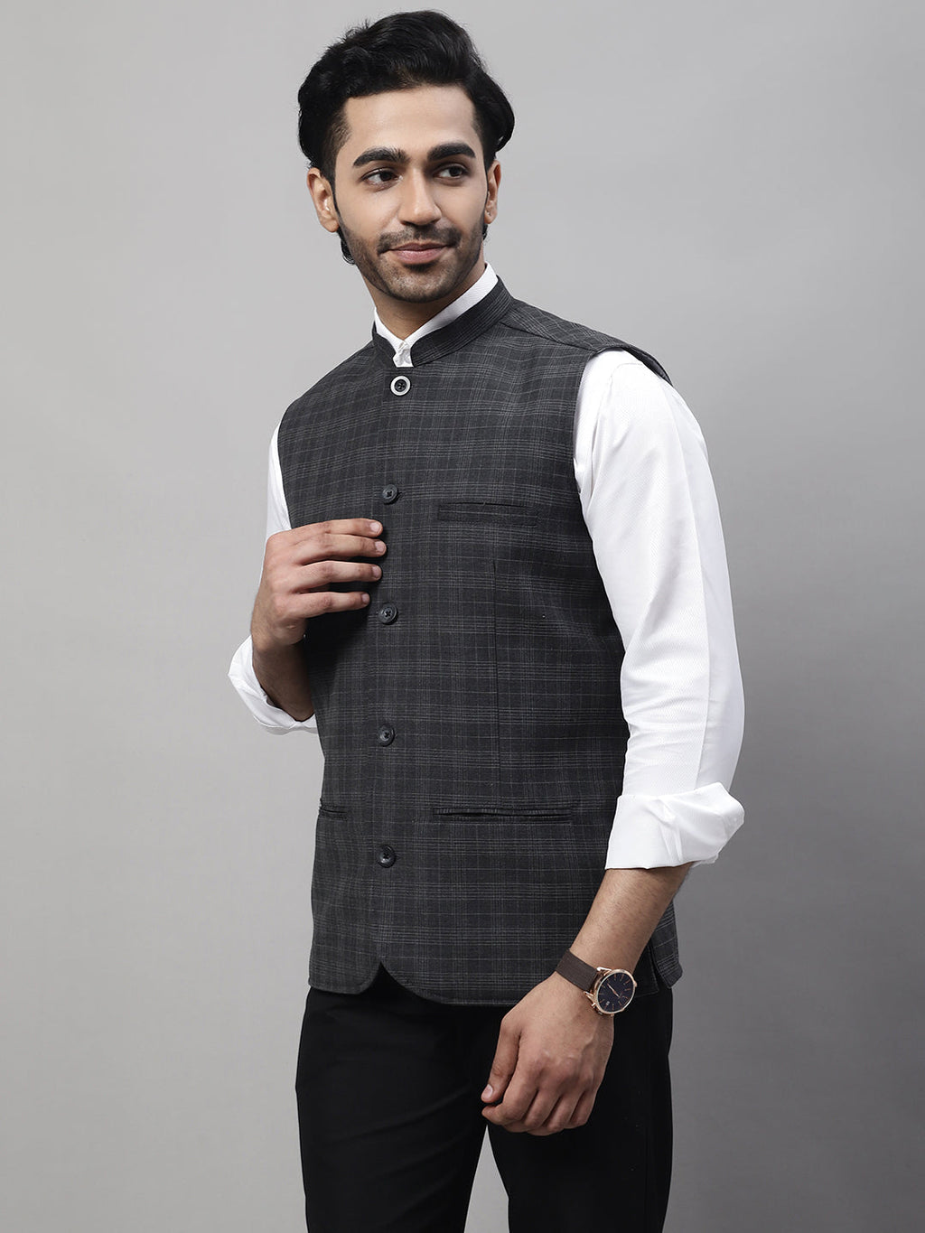 Even Apparels Men's Grey Nehru Jacket With Welt Pockets