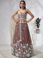 House of Panchhi Rose Gold Pure Georgette Sequins And Thread Embroidery Lehenga Choli & Dupatta