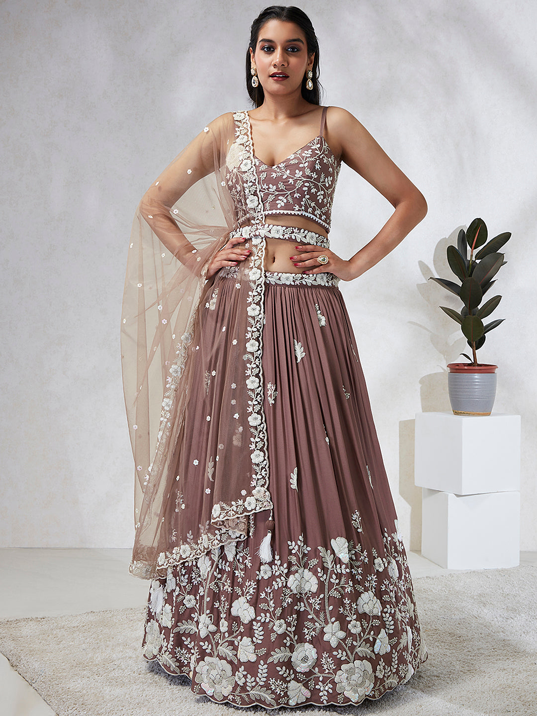 House of Panchhi Rose Gold Pure Georgette Sequins And Thread Embroidery Lehenga Choli & Dupatta