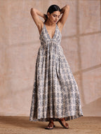 trueBrowns Grey Dabu Buta Print Cotton Sleeveless Dress - Distacart