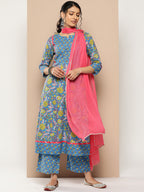 KSUT (House of Varanga) Blue Floral Printed Anarkali Kurta Paired With Printed Palazzo And Dupatta - Distacart