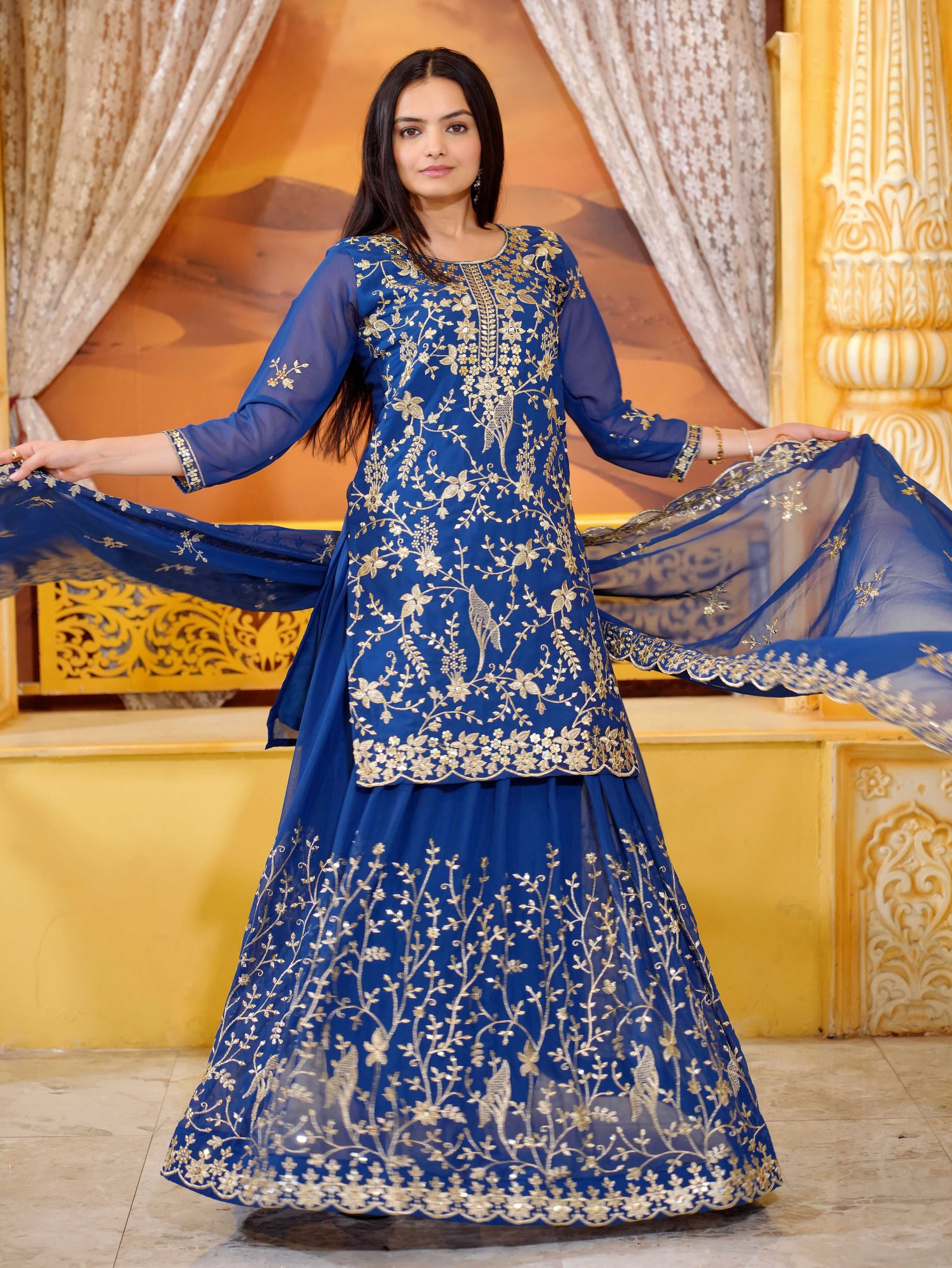 Yash Enterprise Trendy Fox Georgette Sequence Embroidery Readymade Blue Salwar Suit - Distacart