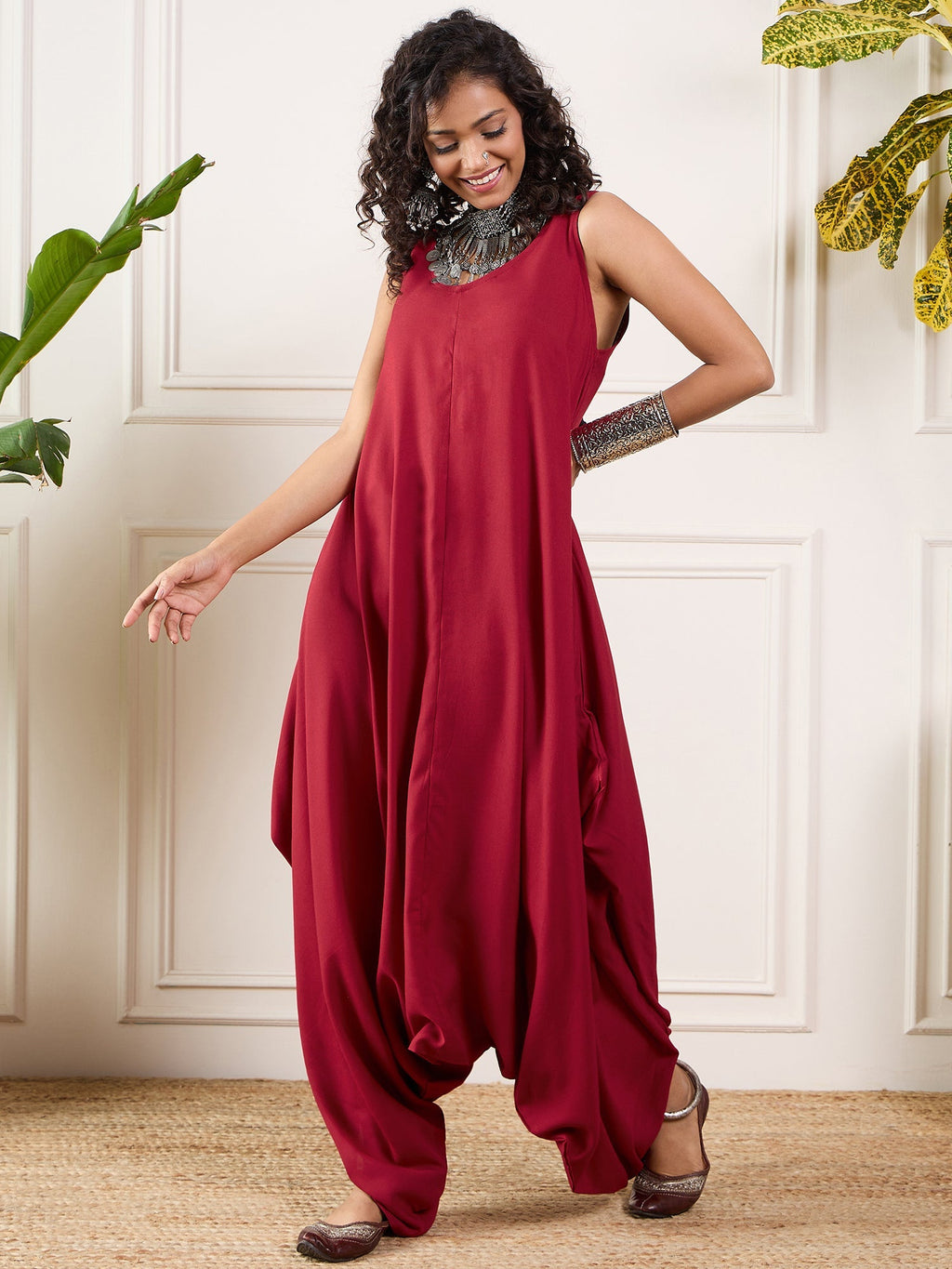 InWeave Maroon Round Sleeveless Jumpsuit