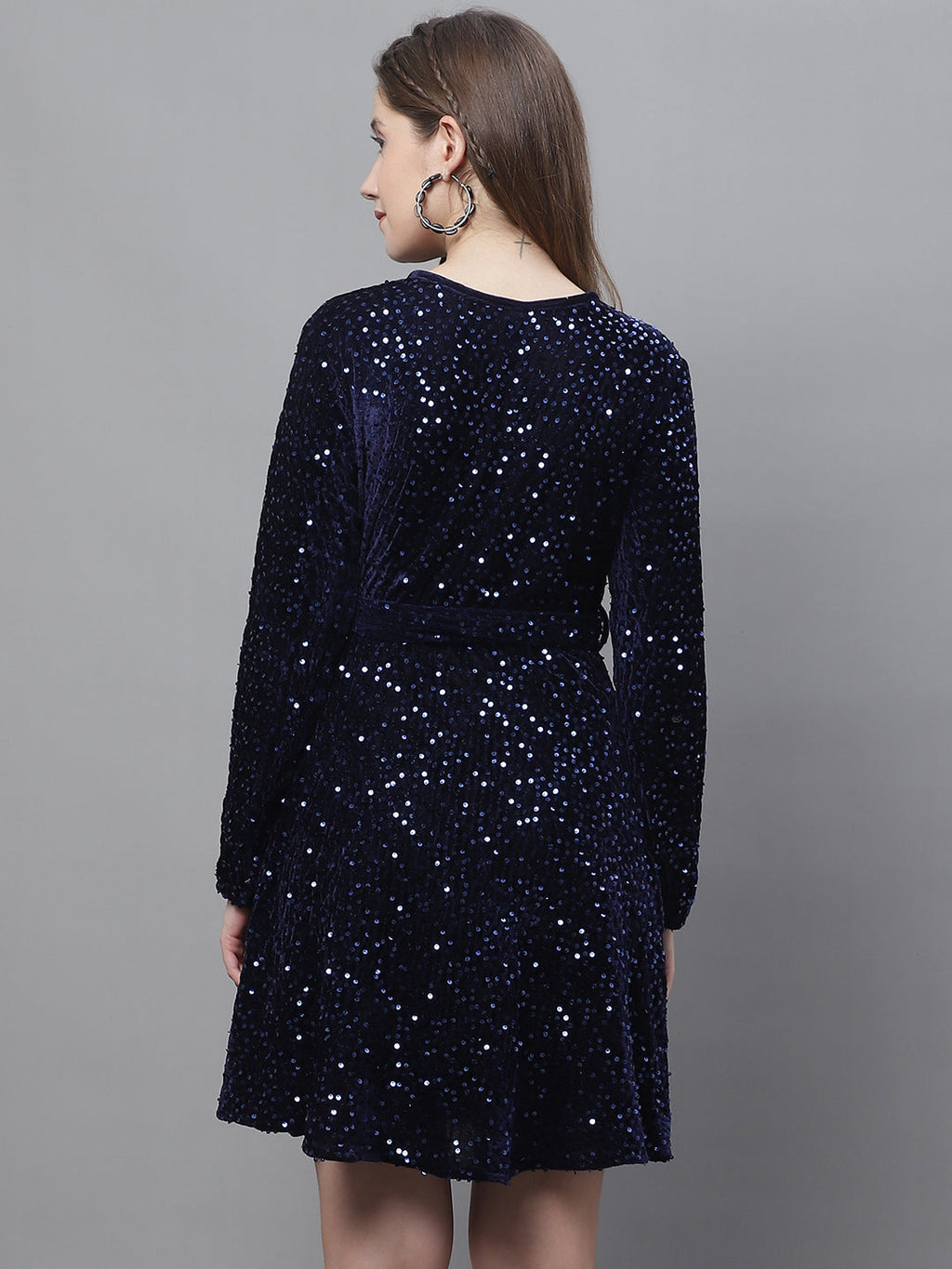 Jainish Women's WoSequin Velvet A-line dress - Navy Blue - Distacart