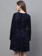 Jainish Women's WoSequin Velvet A-line dress - Navy Blue - Distacart