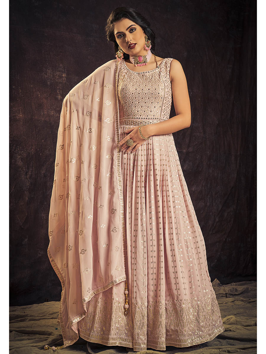Myra Baby Pink Real Georgette Designer Gown Style Suit - Distacart