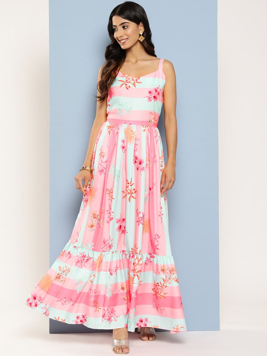 Ahalyaa Striped Floral Print Crepe Maxi Ethnic Dress - Distacart