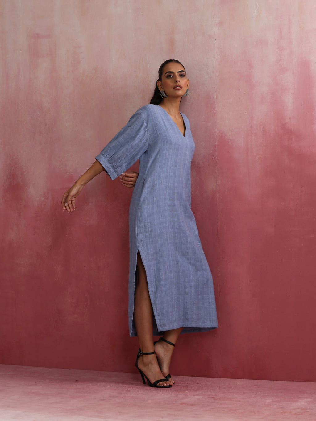 trueBrowns Sky Blue Cotton Dobby Dress - Distacart