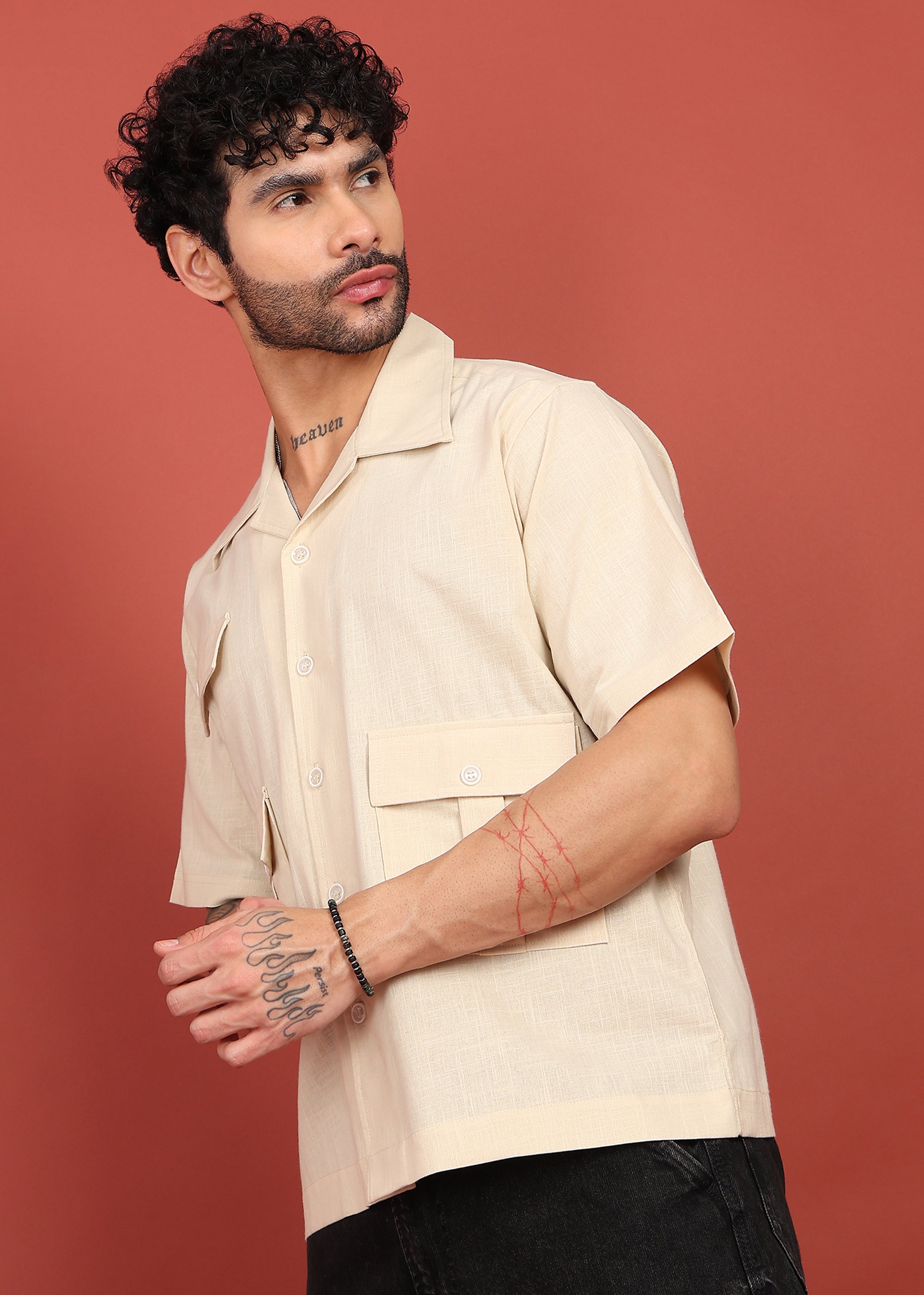 Fabmade Men’S Cream Shirt With 3 Pockets – Relaxed Fit