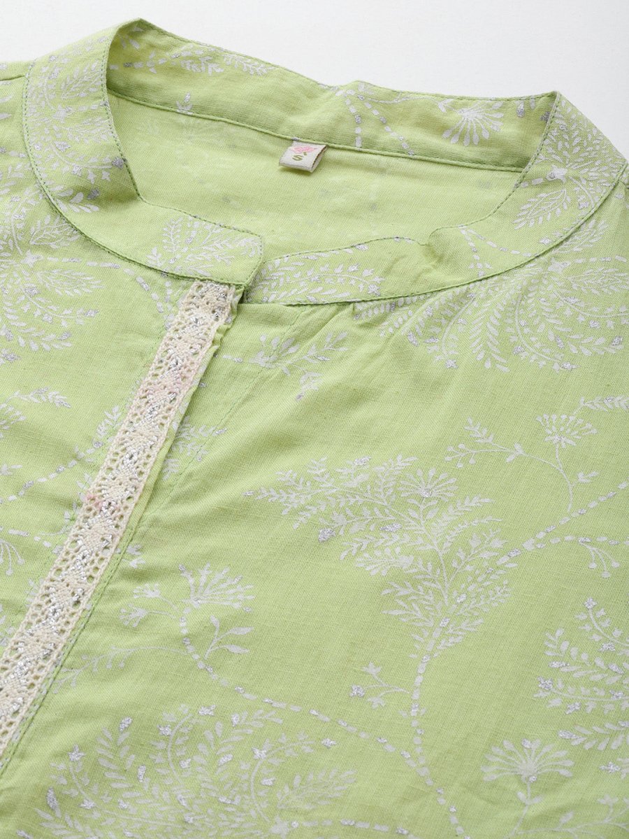Ahalyaa Mandarin Collar Floral Printed Tunic with Lace Inserts Detail