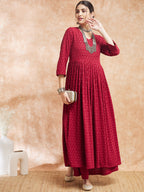InWeave Women's Maroon Chikankari Long Anarkali Kurta Sharara Set
