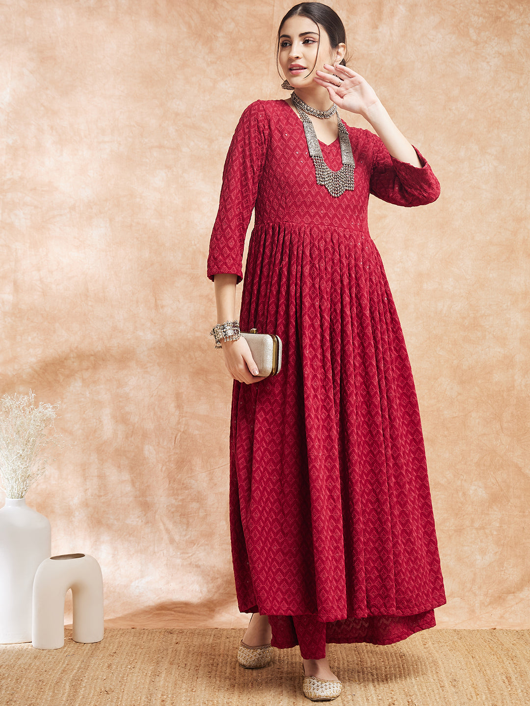 InWeave Women's Maroon Chikankari Long Anarkali Kurta Sharara Set
