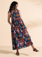 trueBrowns Purple Cotton Ikat Flared Dress - Distacart