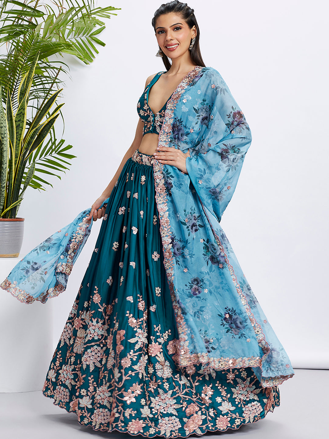 House of Panchhi Olive Pure Georgette Sequins And Thread Embroidery Lehenga Choli & Dupatta