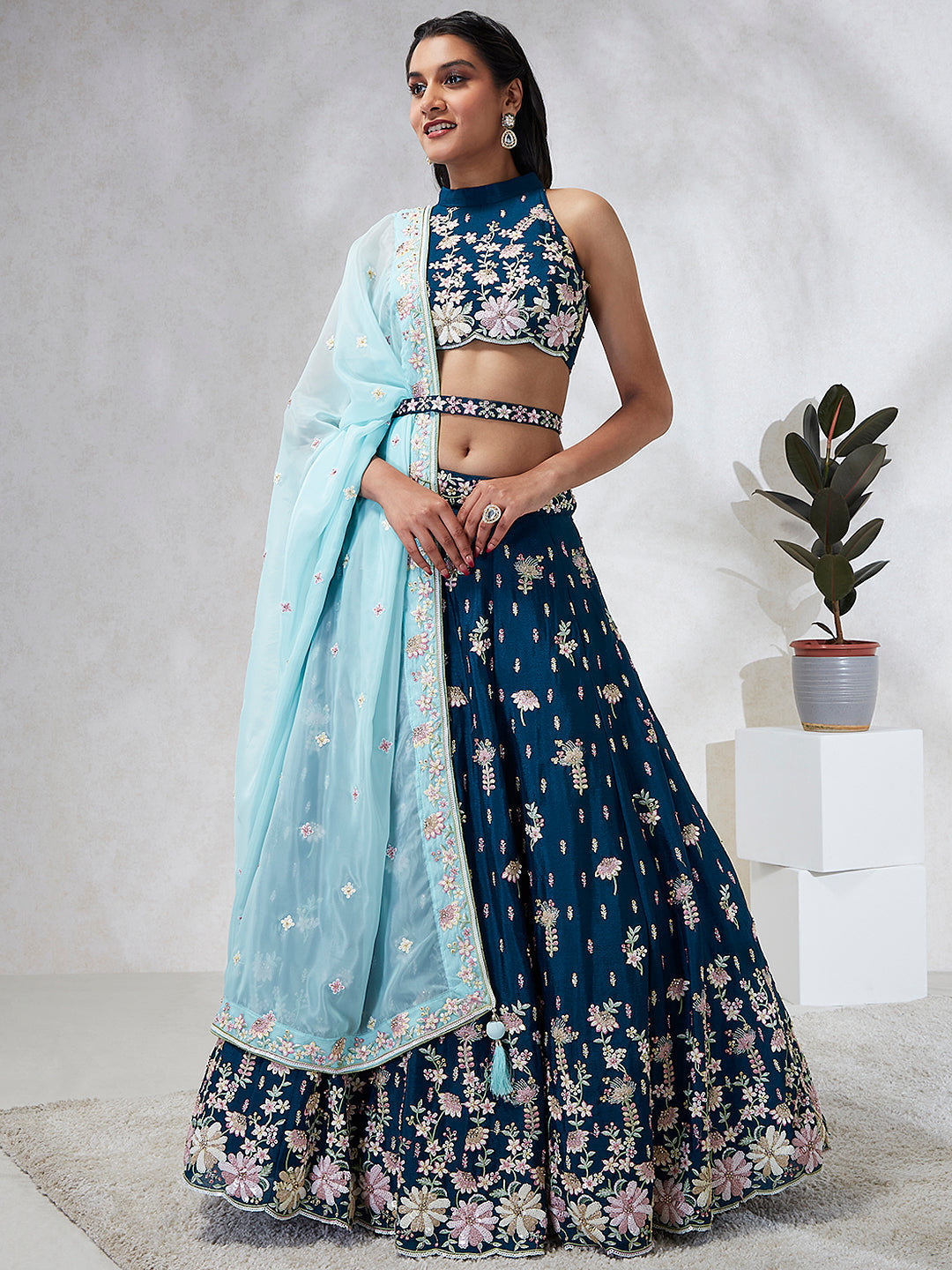 House of Panchhi Teal Pure Georgette Sequins And Thread Embroidery Lehenga Choli & Dupatta
