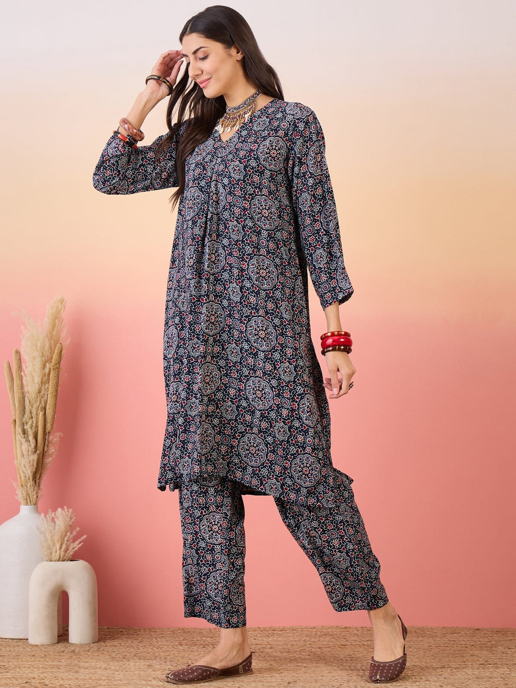 InWeave Navy Maroon Ajrakh Foil V Neck Kurta Pant Set