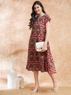 InWeave Women's Wine Ikkat Print A Line Dress - Distacart