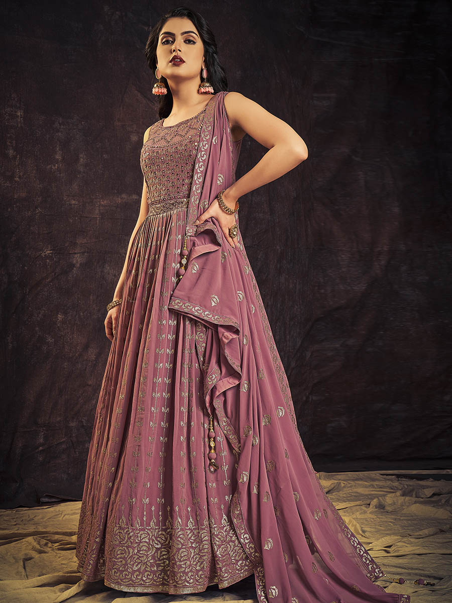 Myra Mauve Real Georgette Designer Gown Style Suit - Distacart