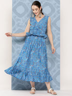InWeave Women's Sapphire Blue Floral Paisley Print Long Frill Dress - Distacart