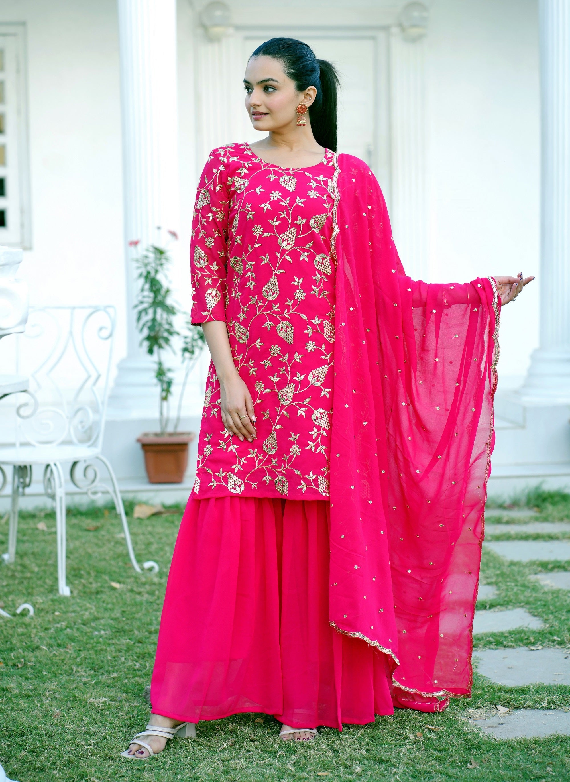 Teeya Creation Pink Color Faux Georgette Heavy Embroidery Work Fully Stitched Sharara Suit