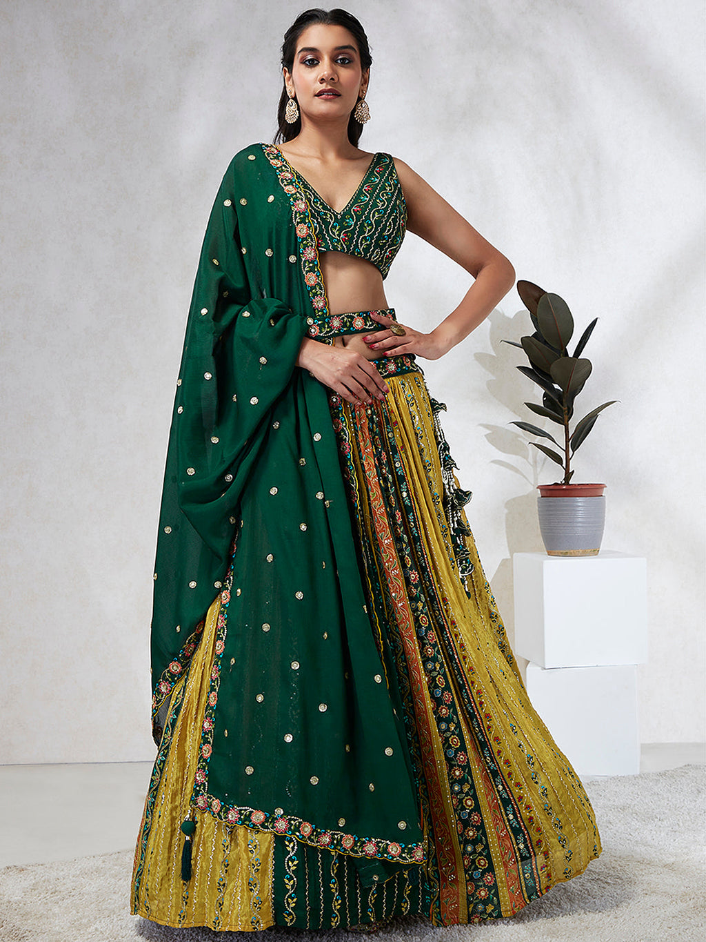 House of Panchhi Navy Blue Pure Georgette Sequins And Thread Embroidery Lehenga Choli & Dupatta