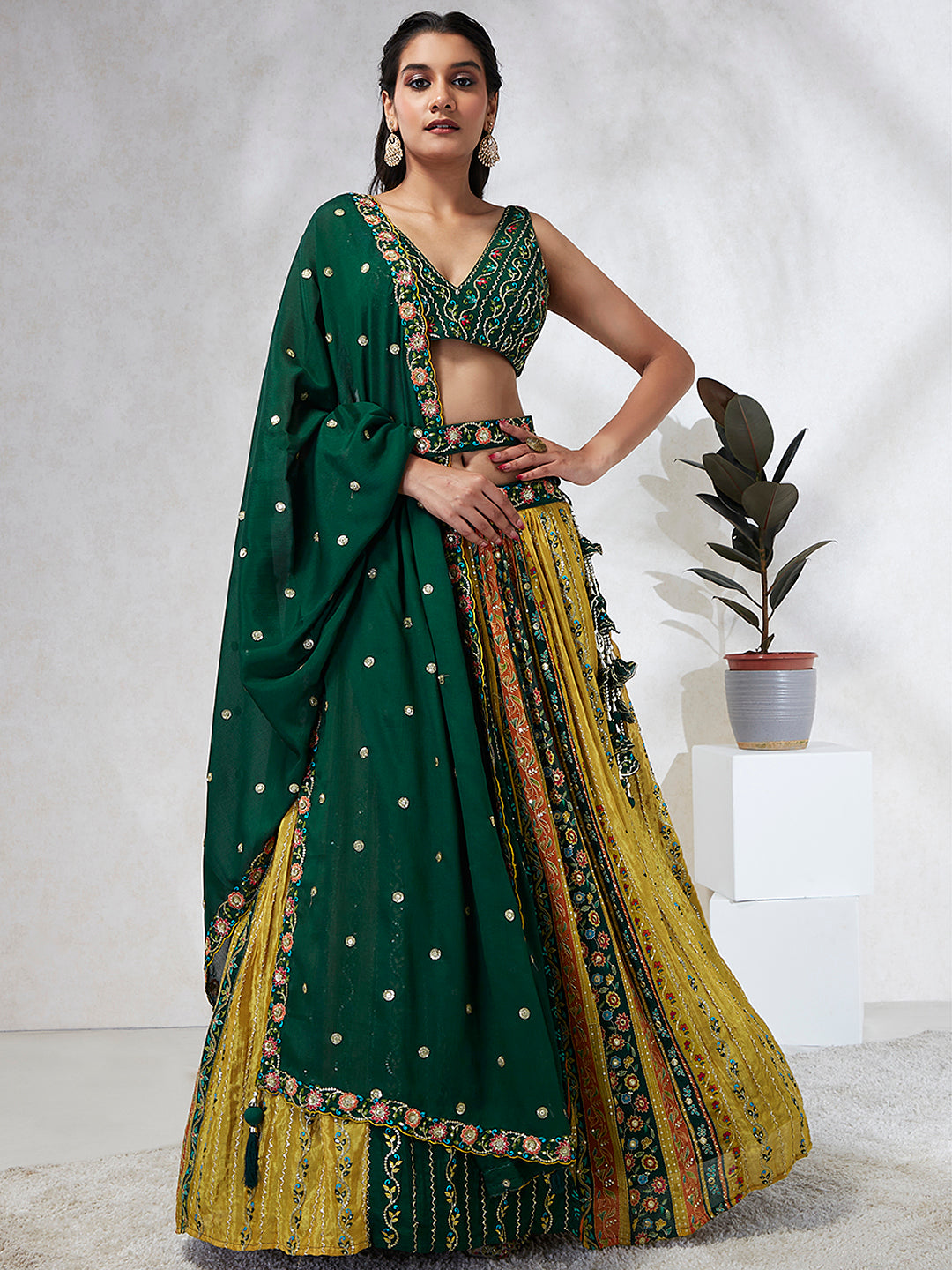 House of Panchhi Navy Blue Pure Georgette Sequins And Thread Embroidery Lehenga Choli & Dupatta