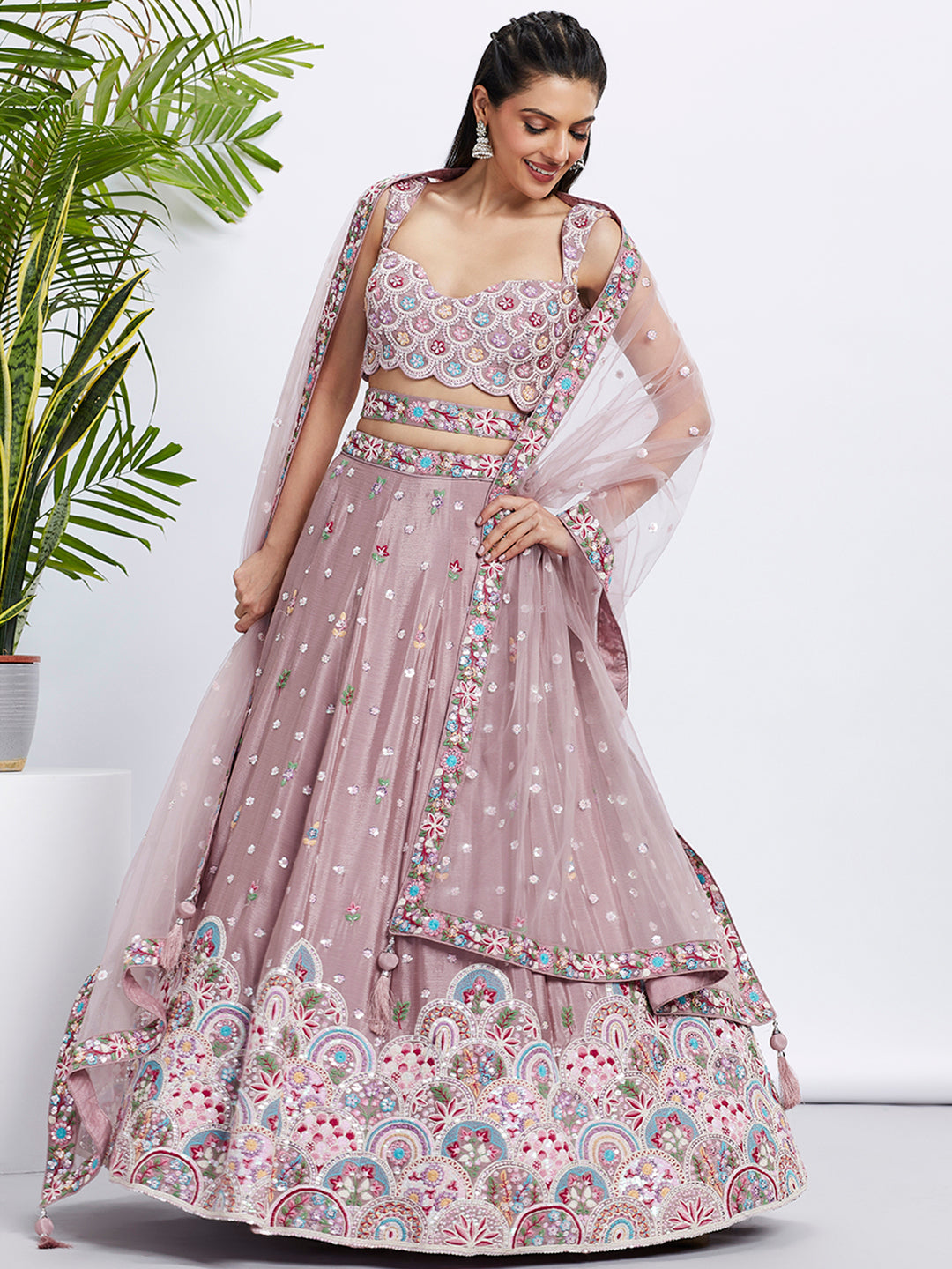 House of Panchhi Lavender Georgette Sequins And Thread Embroidery Lehenga Choli & Dupatta