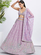 House of Panchhi Lavender Georgette Sequins And Thread Embroidery Lehenga Choli & Dupatta
