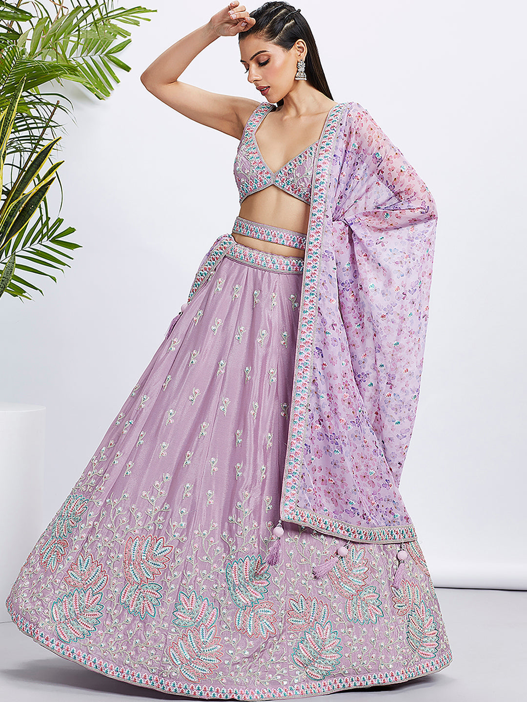 House of Panchhi Lavender Georgette Sequins And Thread Embroidery Lehenga Choli & Dupatta