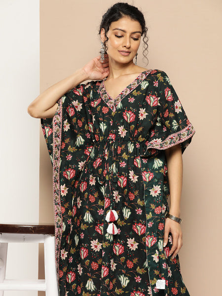 KSUT (House of Varanga) Green And Peach Floral Print Kaftan Trouser Set.
