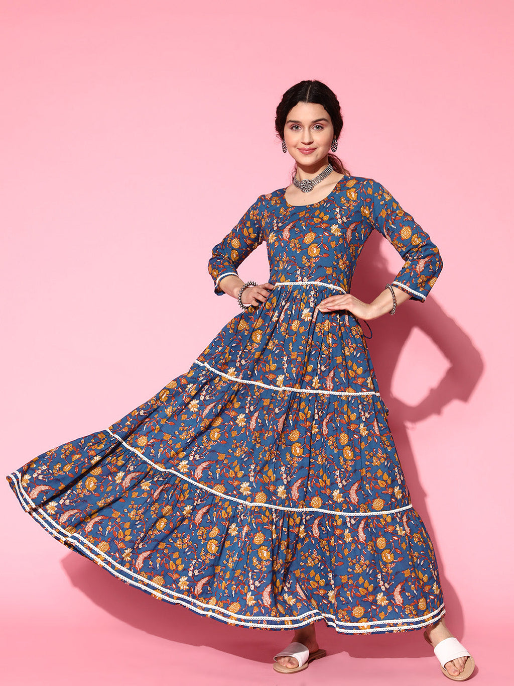 InWeave Women's Blue Floral Print Dress With Lace - Distacart