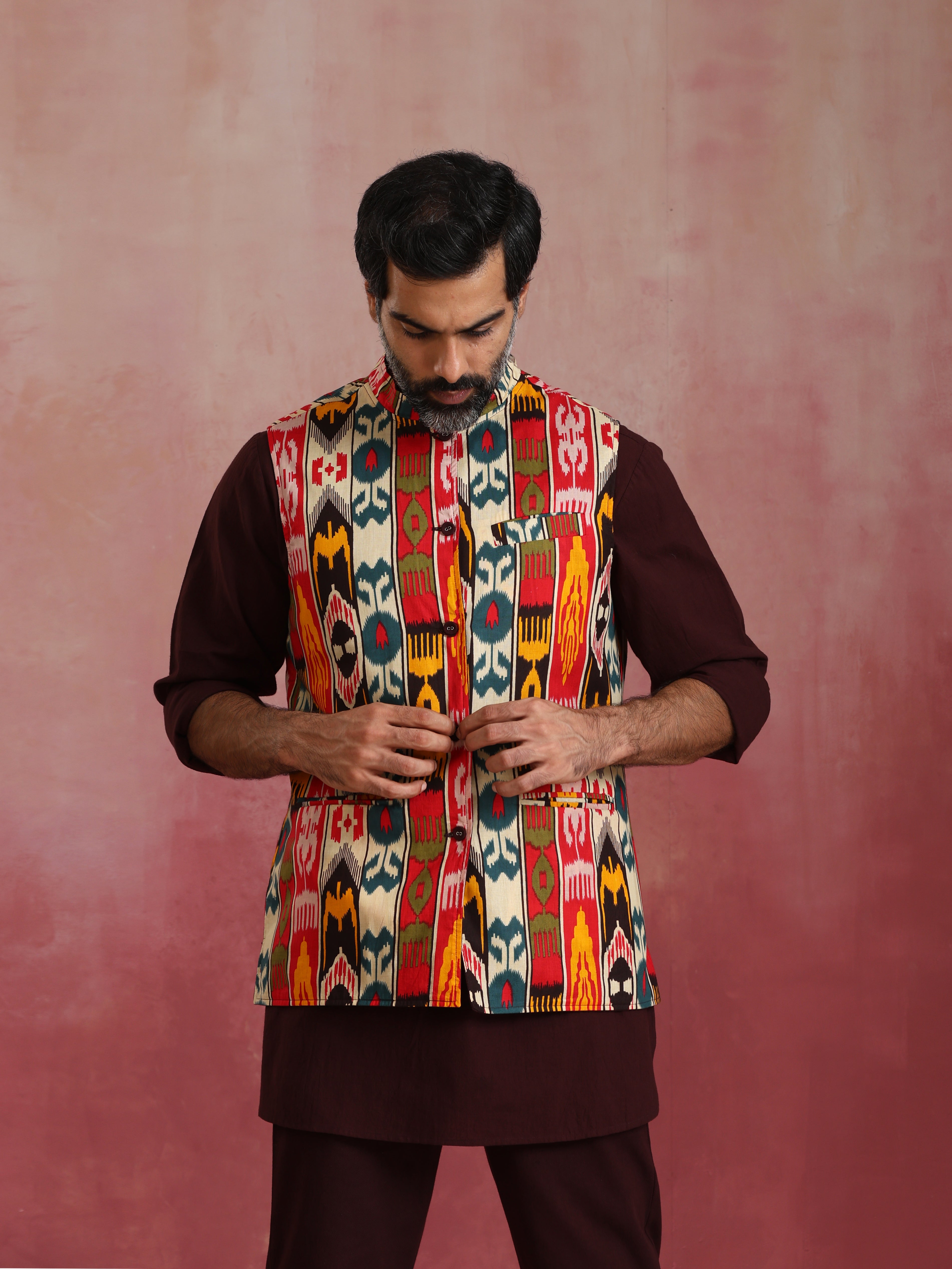 trueBrowns Men's Cola Ikat Print Cotton Reversible Nehru Jacket