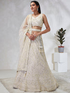 House of Panchhi Cream Net Cutdana, Sequins And Zarkan Embroidery Lehenga Choli & Dupatta