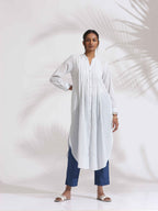 trueBrowns White Cotton Stripe Pleated Shirt Kurta Set - Distacart