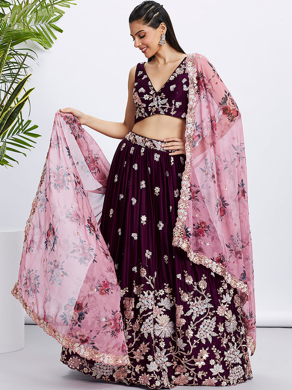 House of Panchhi Purple Pure Georgette Sequins And Thread Embroidery Lehenga Choli & Dupatta